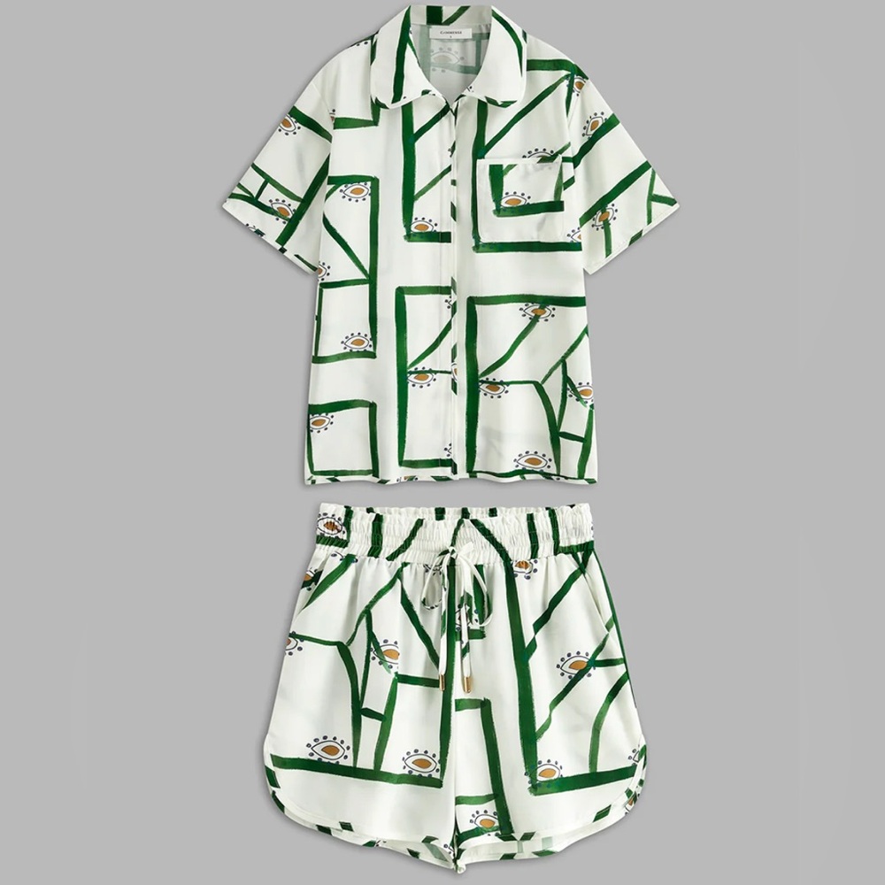 Green and White Print Short Set